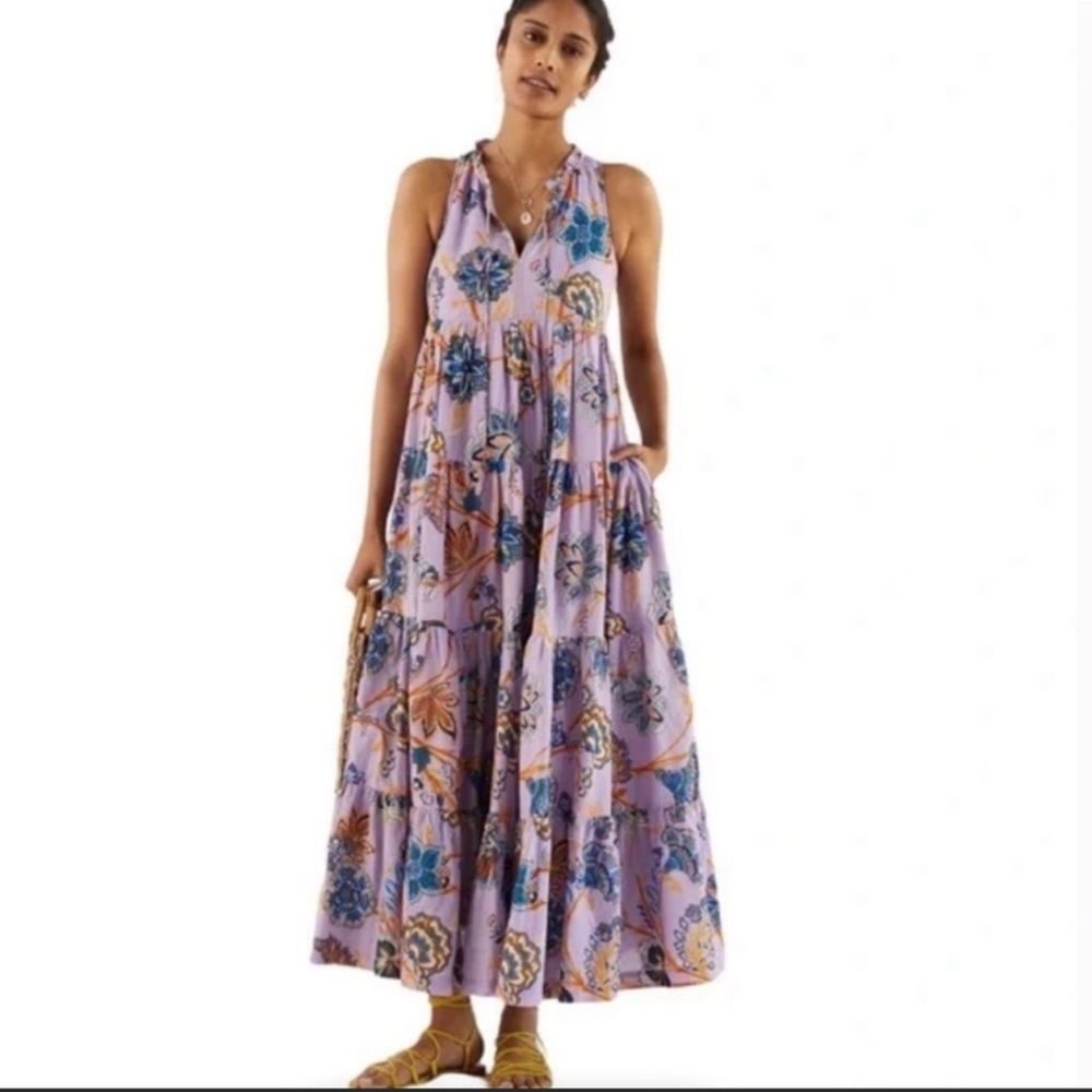 Anthropologie Lavender Maxi Dress with Blue & Mustard Floral Print